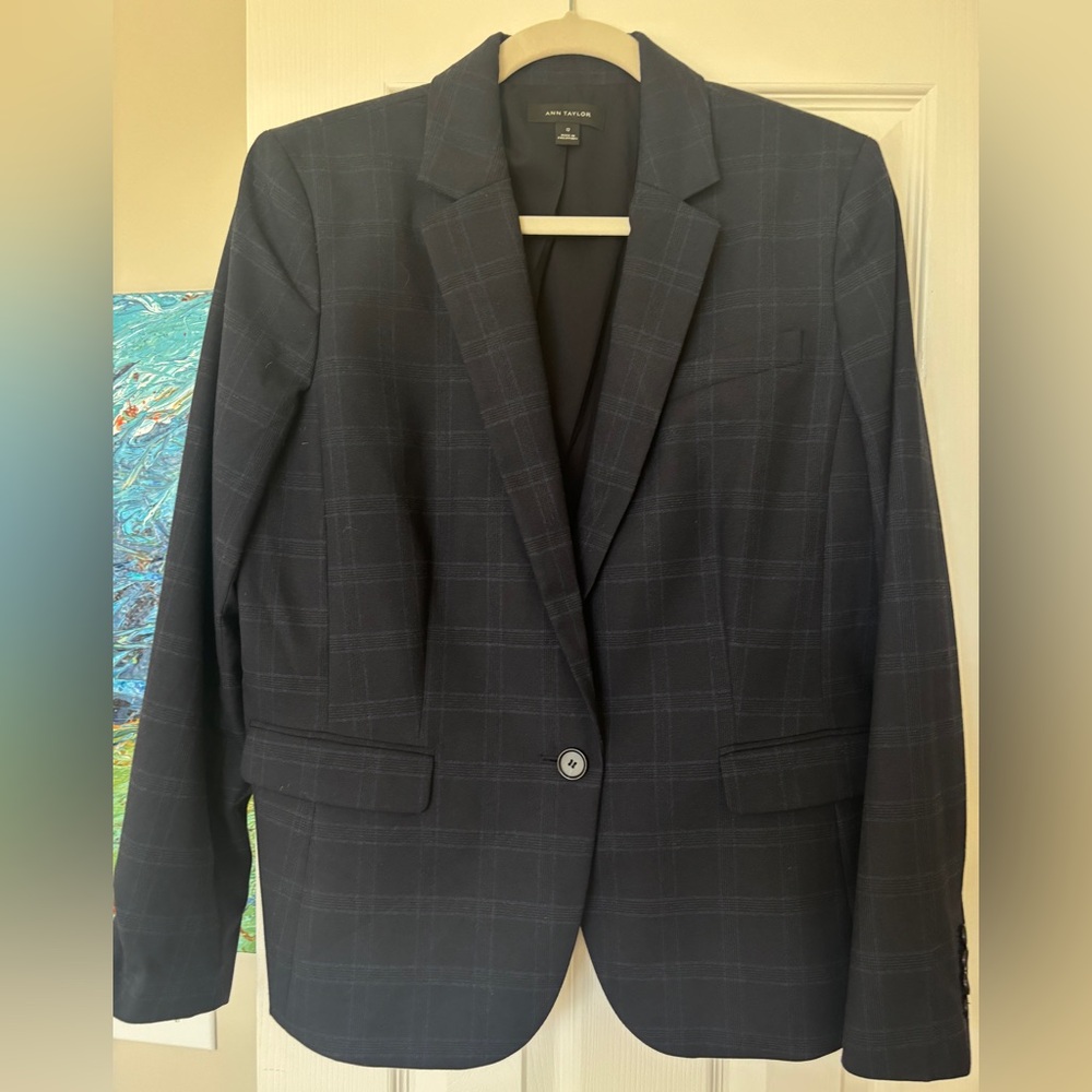 Ann Taylor Navy Windowpane Single-Button Blazer with pants